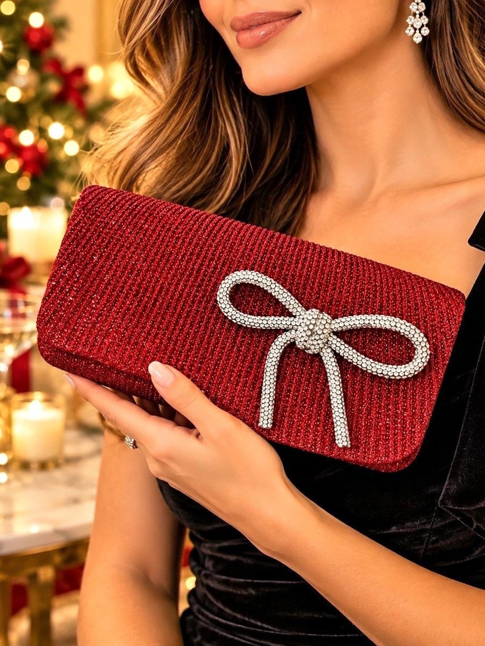 Red & Silver Sparkle Rhinestone Bow Evening Snap Clutch Holiday Party Bag